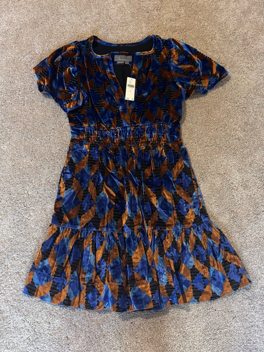 Anthropologie Somerset Velvet Diamond-Print Dress in Blue and Brown